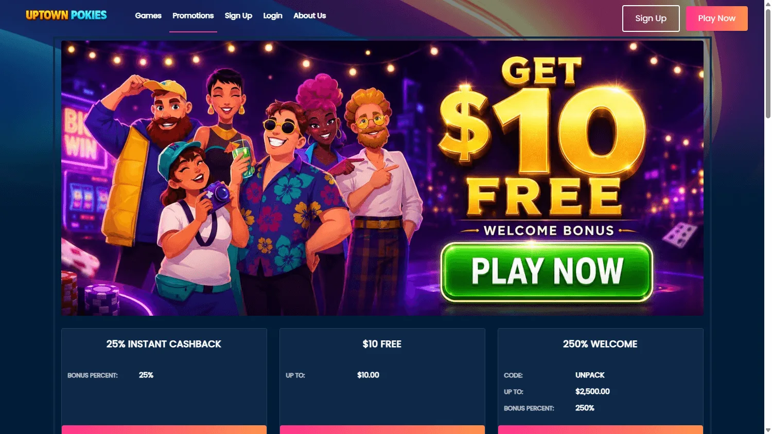 Uptown Pokies Casino desktop promotions screen
