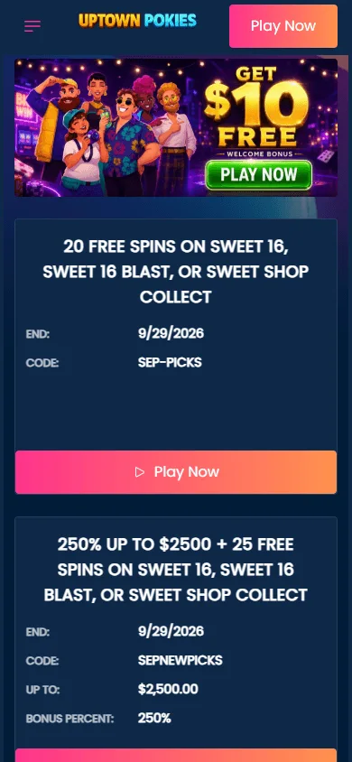 Uptown Pokies Casino mobile home screen